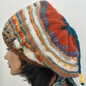 Hand Knits 2 Love Slouch Hat Tam Beanie Cap Fair-isle Deco Beads Hip Adjustable
